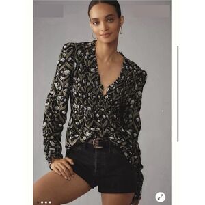 Anthropologie Floral Puff Shoulder Ruched-Sleeve V-Neck Top Women's Size XS